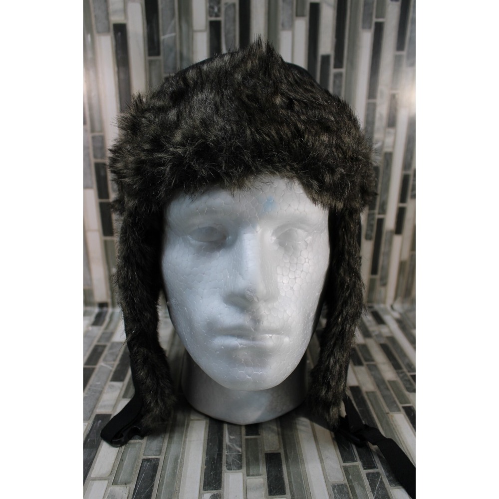 Trapper Hat‎ Polyester Faux Fur Black Neck Snap Buckle